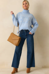 Winter Wanderer Light Blue Snowflake Knit Turtleneck Sweater