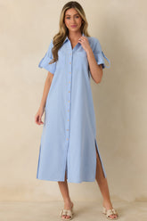 Show Me the Way Light Blue Cotton Button Front Midi Shirt Dress