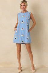A Sweet Escape Light Blue Multi Floral Embroidered Cotton Sleeveless Mini Dress