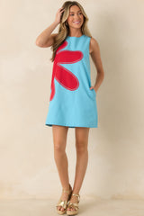 Mood Booster Light Blue & Red Appliqué Mini Shift Dress