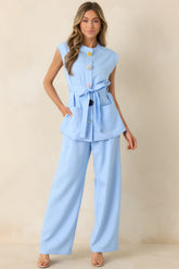 Details Make It Light Blue Statement Button-Front Belted Tunic Top