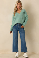 Cozy Afternoon Heather Ivy V-Neck Sweater