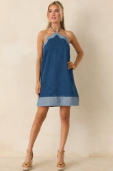 Off the Edge Light Indigo Cotton Denim Halter Mini Dress