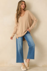 Wind Down Light Taupe Knit Long Sleeve V-Neck Sweater