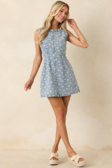 Petals in the Sun Light Wash Floral Print Denim Mini Dress