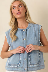 FRNCH Lillo Light Wash Cotton Denim Ruffle Detail Vest