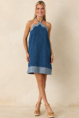 Off the Edge Light Indigo Cotton Denim Halter Mini Dress