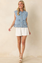 FRNCH Lillo Light Wash Cotton Denim Ruffle Detail Vest