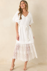 Je T'aime Toujours White Cotton & Gathered Lace Maxi Dress
