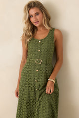 Garden Society Olive Green Cotton Eyelet Sleeveless Midi Dress