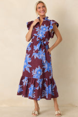 Fresh Air Affair Wine & Cobalt Floral Cotton Eyelet Midi Dress