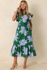 Fresh Air Affair Hunter Green & Blue Floral Cotton Eyelet Midi Dress