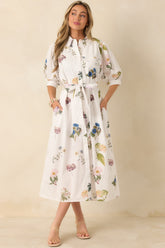 Garden Afternoon Ivory Multi Cotton Floral Print Button Front Belt Tie Midi Dress