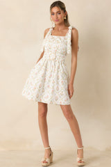 Just Like Spring White Multi Cotton Floral Pleated Mini Dress