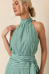FRNCH Crescenzo Green Stripe Cotton Tie-Neck Halter Top