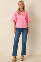 Pop of Play Pink Contrast Embroidered Cotton Top