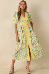 Color Me Floral Yellow Multi Floral Print Cotton Zip Front Midi Dress