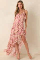 Keep Me Twirling Blush Pink Multi Floral Ruffle Asymmetrical Maxi Dress