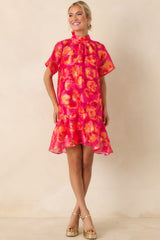 Turn It Up Fuchsia & Orange Floral Tie Back Mini Dress