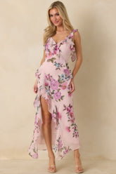 Into the Spell Lavender Multi Floral Ruffle Chiffon Sleeveless Maxi Dress