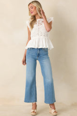 Sweetly Detailed Ivory Cotton Lace Peplum Top