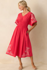 Finding Your Way Red Floral Embroidered Cotton Midi Dress