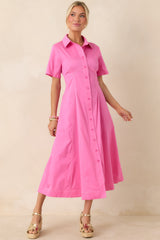 Make It Look Easy Pink Short Sleeve Midi Shirt Dress