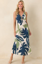 MINKPINK Azure Green & Blue Palm Leaves Key Hole Midi Dress