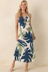 MINKPINK Azure Green & Blue Palm Leaves Key Hole Midi Dress