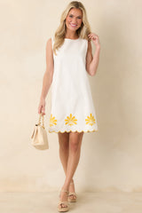 Golden Coastlines White & Yellow Embroidered Scalloped Cotton Mini Dress