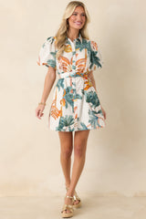 Paradise Plans Ivory Multi Tropical Print Puff Sleeve Mini Dress