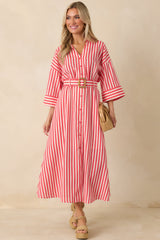 Lighthearted Days Red Stripe Belted Button Front Maxi Shirt Dress