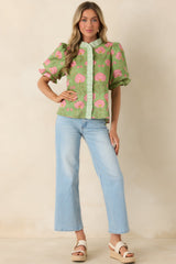 Meadow Morning Green & Pink Floral Print Puff Sleeve Top