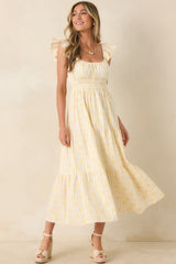 Meadow Mornings Yellow Stripe Floral Embroidered Cotton Maxi Dress