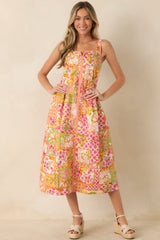 Resort Romance Pink Multi Cotton Floral Print Midi Dress