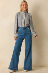 Neatly Noted Navy Blue Striped Seersucker Ruffle Blouse