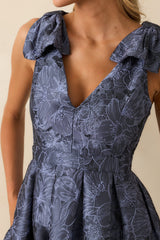 Enchanting Elegance Slate Blue Floral Jacquard Midi Dress