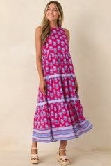 Love Finds a Way Magenta & Blue Printed Cotton Midi Dress