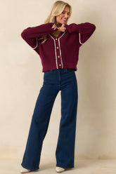 On The Mark Maroon Contrast Trim Knit Button Up Cardigan