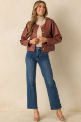 Made To Impress Mauve Faux Leather Cropped Button Up Jacket