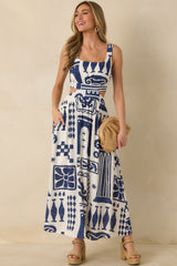 Aegean Dreams Navy & White Mediterranean Cut-Out Tie-Back Maxi Dress