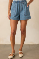 Off We Go Medium Wash Elastic Waist Cotton Denim Shorts