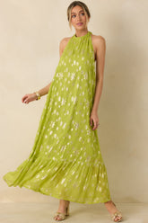 Glow With Grace Chartreuse Metallic Floral Halter Maxi Dress