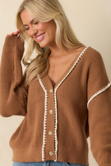 On The Mark Camel Brown Contrast Trim Knit Button Up Cardigan