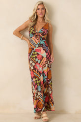 MINKPINK Isola Brown Multi Vintage Coastal Print Keyhole Midi Dress