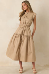 Ready For Anything Tan Button Front Utility Midi Dress
