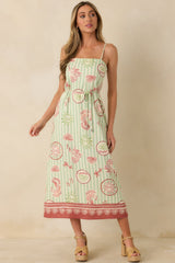 MINKPINK Soleil Green Stripe Linen Blend Tie-Waist Midi Dress