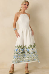 Palm Villa Ivory Multi Floral & Palm Halter Midi Dress