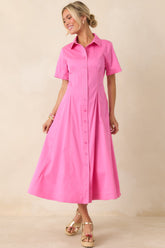 Make It Look Easy Pink Short Sleeve Midi Shirt Dress