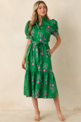 Free To Fly Green Cotton Floral Button Front Midi Dress